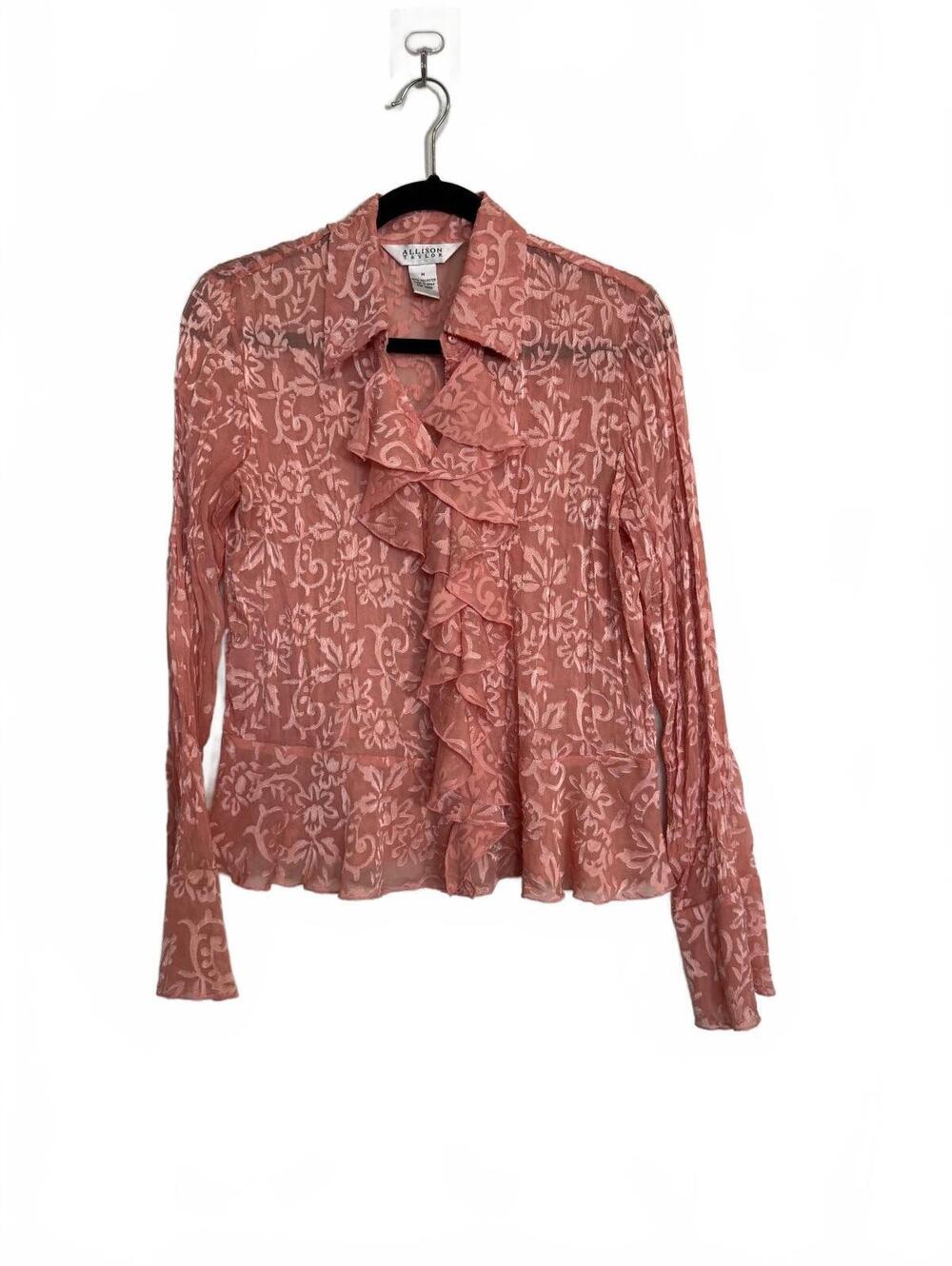 Pink CoquetteSheer Ruffle Front Blouse Floral Pattern